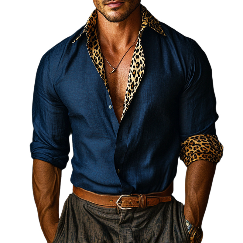 Bryan | Men'S Retro Casual Leopard Print Linen Lapel Long Sleeve Shirt