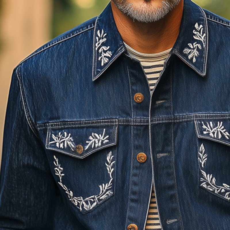 Jamal | Men'S Silver Vintage Embroidery Long Sleeve Denim Shirt