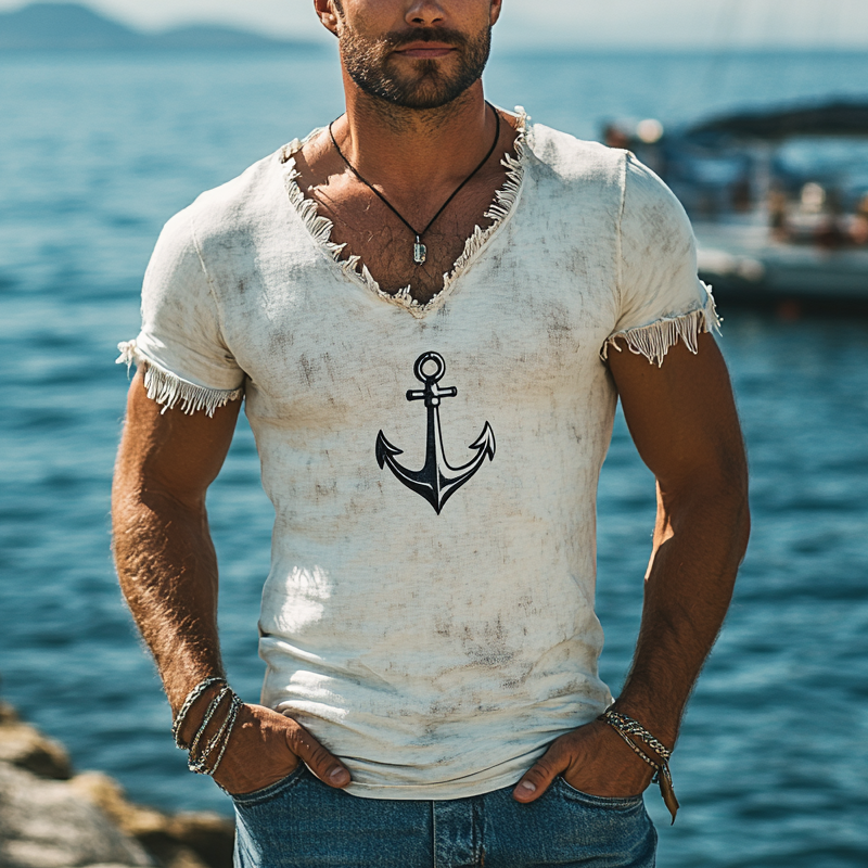 Eugene | Men'S Retro Printed Tassel V-Neck Short Sleeve T-Shirt