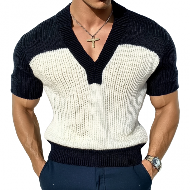Men's Casal Contrast Color V-Neck SliFitnitted Short Sleeve Sweater T-ShirtM