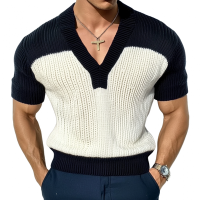 Men's Casal Contrast Color V-Neck SliFitnitted Short Sleeve Sweater T-ShirtM