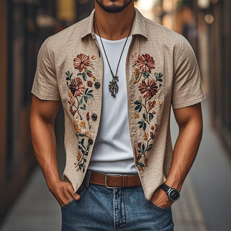 Men's Casal Linen Embroidered Lapel Single Breasted Short Sleeve ShirtM
