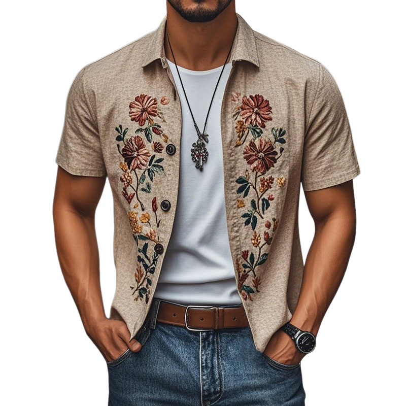Men's Casal Linen Embroidered Lapel Single Breasted Short Sleeve ShirtM