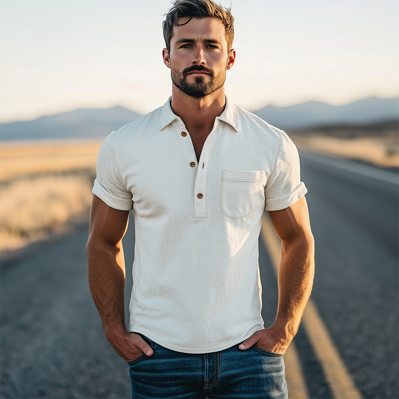 Men's Spring Fashion Retro Western Style Sede Short Sleeve Polo Shirt