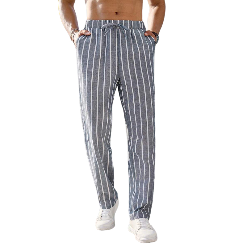 Men's Casal Cotn and Linen Striped Elastic Beach PantsX