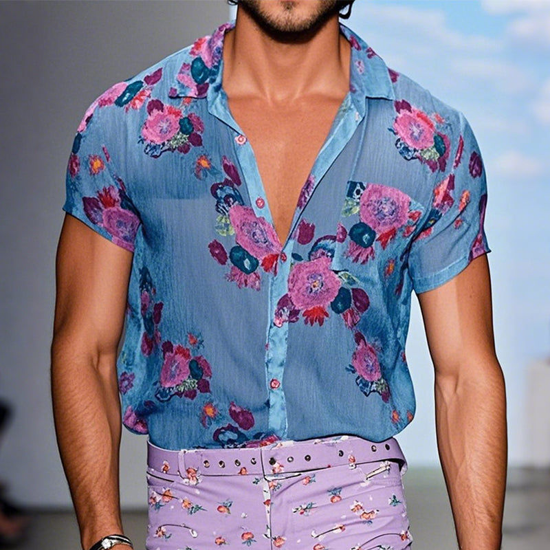 Men's Retro Casalesh Printed Floral Lapel Short Sleeve Shirt