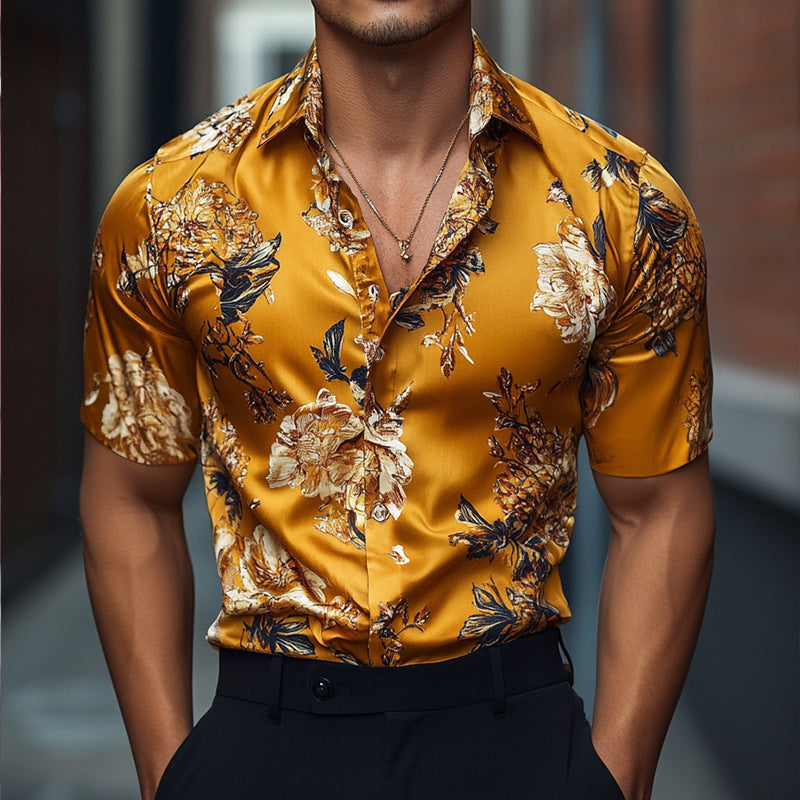 Men's Retro Casal Printed Floral Lapel Short Sleeve Shirt