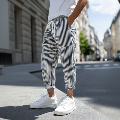 Men's Casal Cotn Blend Striped Elastic Waist Tapered Pants