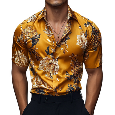 Men's Retro Casal Printed Floral Lapel Short Sleeve Shirt