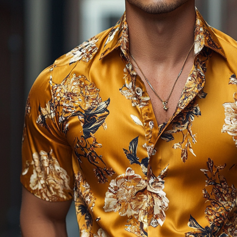 Men's Retro Casal Printed Floral Lapel Short Sleeve Shirt