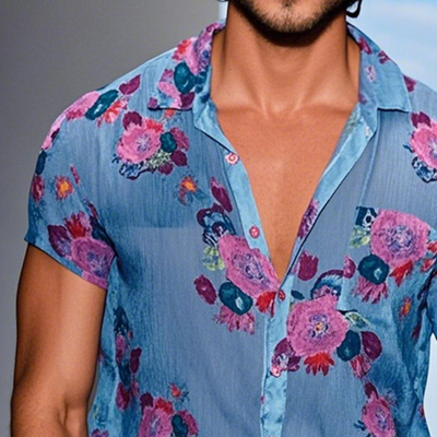Men's Retro Casalesh Printed Floral Lapel Short Sleeve Shirt