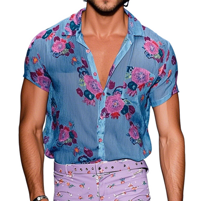 Men's Retro Casalesh Printed Floral Lapel Short Sleeve Shirt