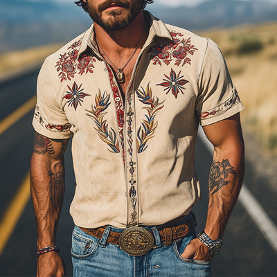 Men's Spring/Smmer Fashion Retro Western Style Sede Embroidered Short Sleeve Shirt