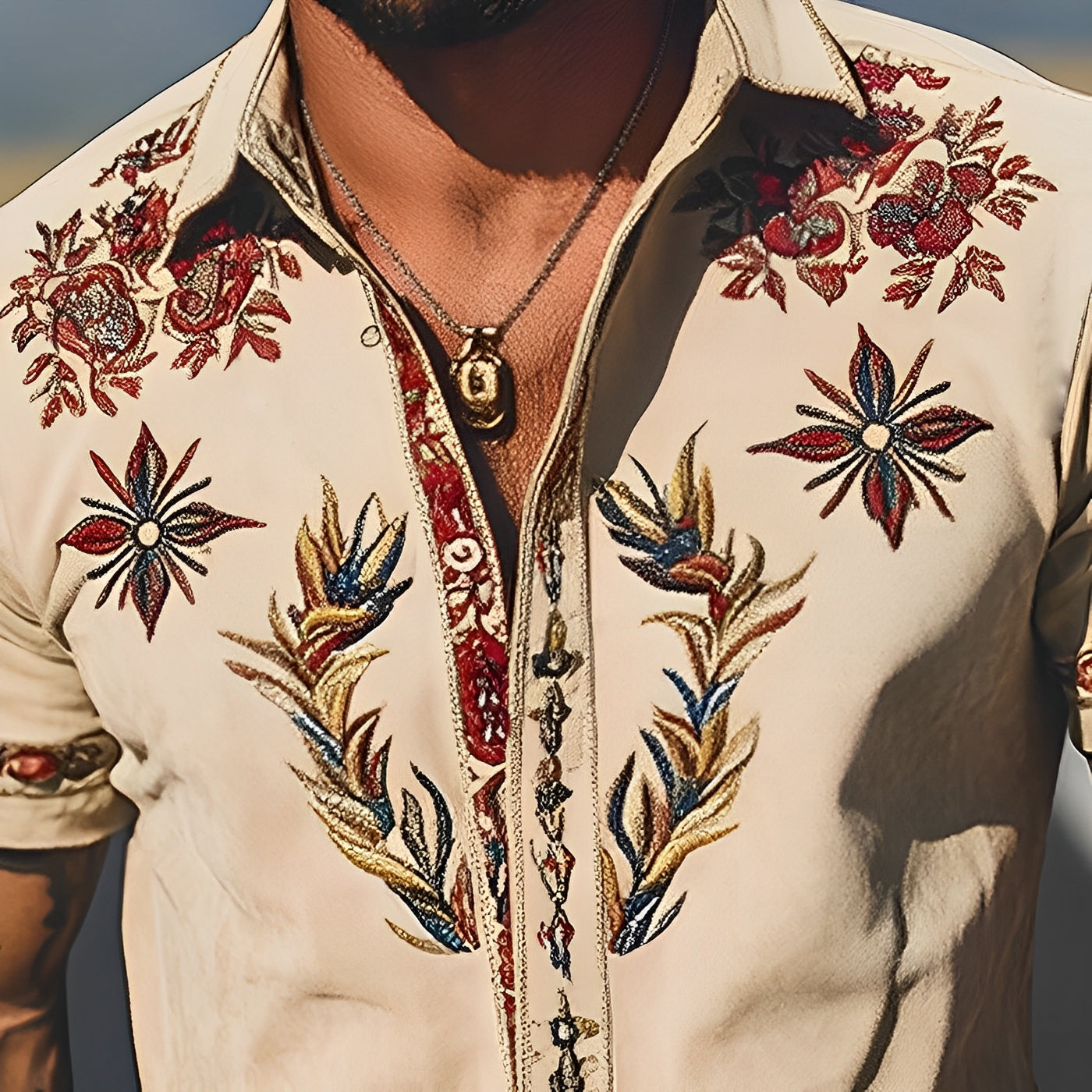 Men's Spring/Smmer Fashion Retro Western Style Sede Embroidered Short Sleeve Shirt