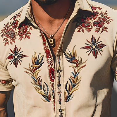 Men's Spring/Smmer Fashion Retro Western Style Sede Embroidered Short Sleeve Shirt