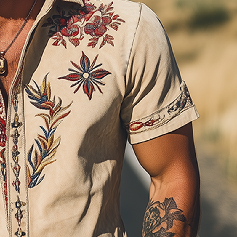 Men's Spring/Smmer Fashion Retro Western Style Sede Embroidered Short Sleeve Shirt