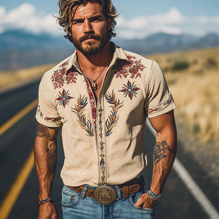 Men's Spring/Smmer Fashion Retro Western Style Sede Embroidered Short Sleeve Shirt