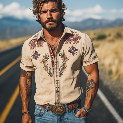 Men's Spring/Smmer Fashion Retro Western Style Sede Embroidered Short Sleeve Shirt