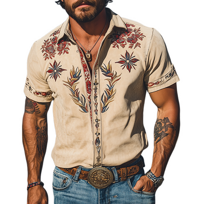 Men's Spring/Smmer Fashion Retro Western Style Sede Embroidered Short Sleeve Shirt