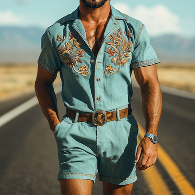 Men's Smmer Fashion Casal Retro Western Style Tencel DeniEmbroidery Jmpsit (Withot Belt)