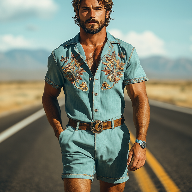 Men's Smmer Fashion Casal Retro Western Style Tencel DeniEmbroidery Jmpsit (Withot Belt)