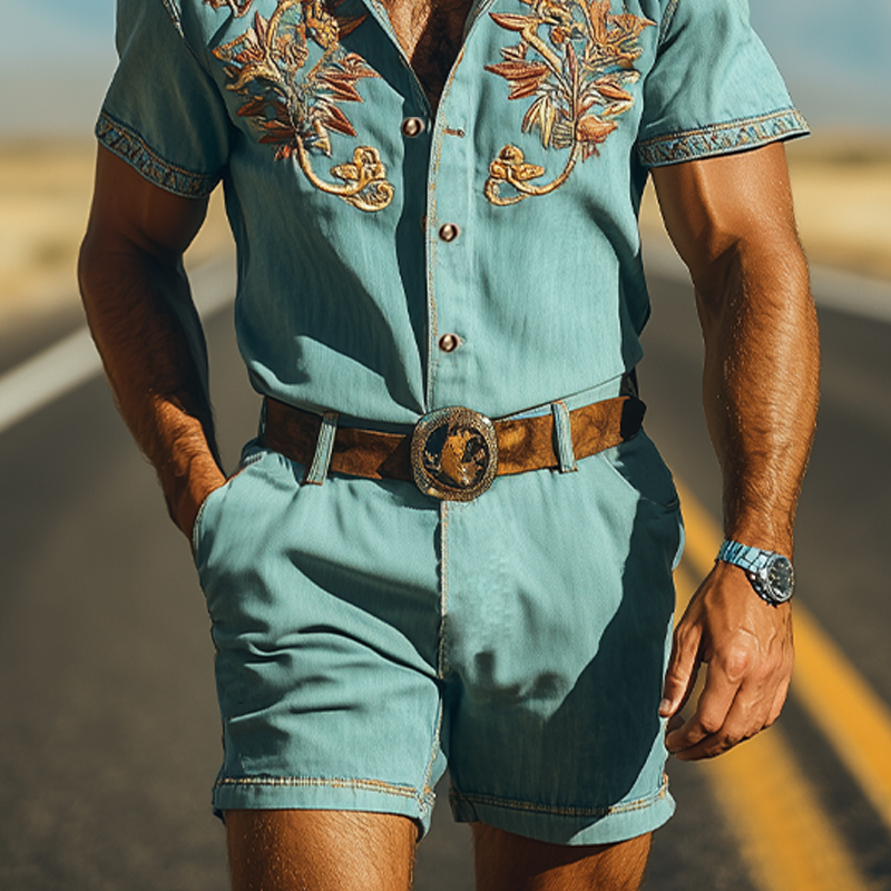 Men's Smmer Fashion Casal Retro Western Style Tencel DeniEmbroidery Jmpsit (Withot Belt)