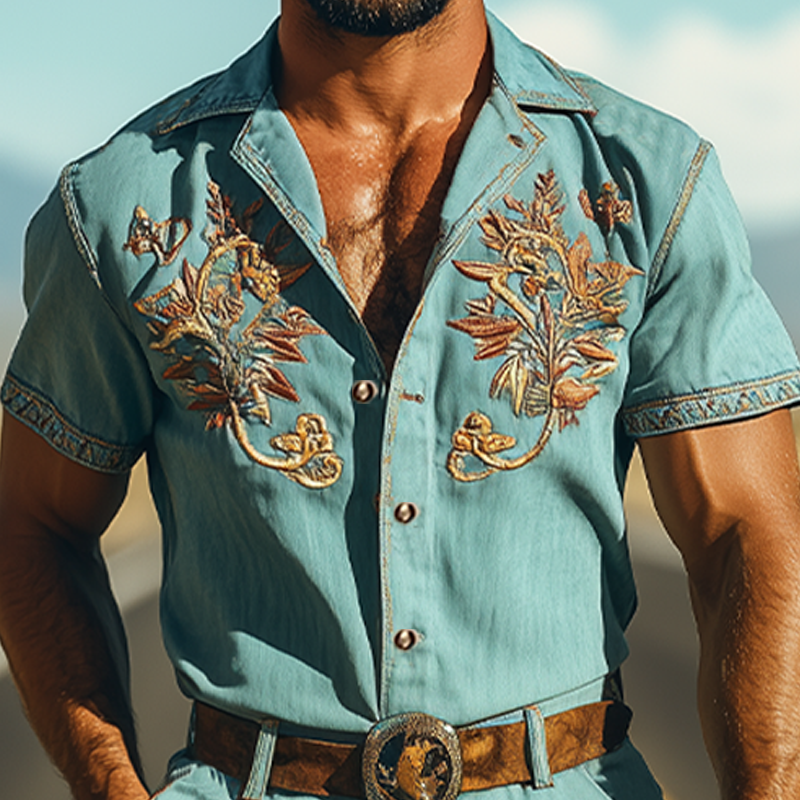 Men's Smmer Fashion Casal Retro Western Style Tencel DeniEmbroidery Jmpsit (Withot Belt)