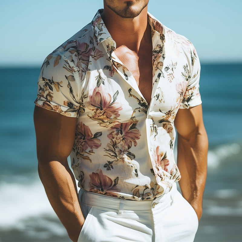 Men's Retro Casal Beach Hawaiian Floral Lapel Short Sleeve Shirt