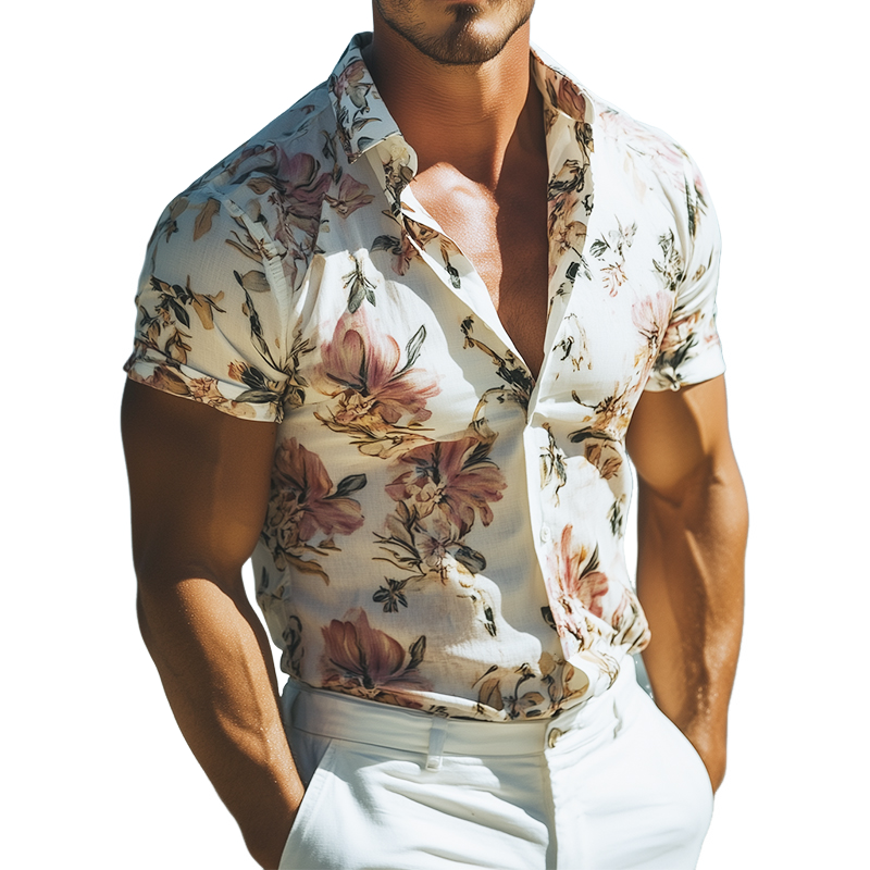 Men's Retro Casal Beach Hawaiian Floral Lapel Short Sleeve Shirt