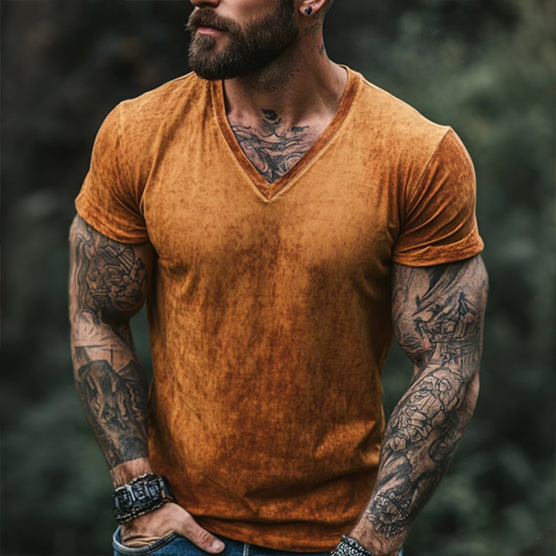 Men's Retro Casal Shabby Printed V-Neck Short Sleeve T-Shirt