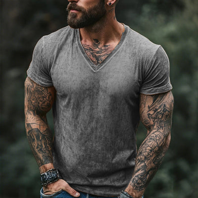 Men's Retro Casal Shabby Printed V-Neck Short Sleeve T-Shirt