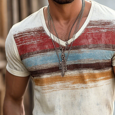 Roberto | Men'S Retro Casual Shabby Striped Printed V-Neck Short Sleeve T-Shirt