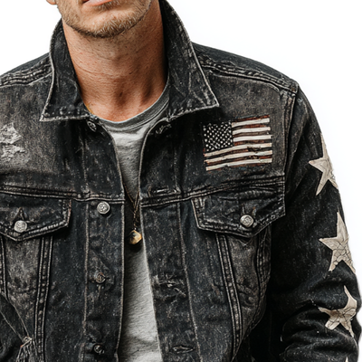 Karl | Men'S Washed Vintage Star Print Denim Jacket