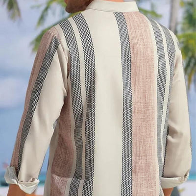 Men's V-neck Striped Print Loose Lapel Cotn Linen Shirt