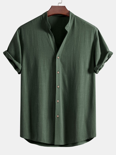 Akihiko® | Short Sleeve Linen Rayon Blend Stand Collar Shirt
