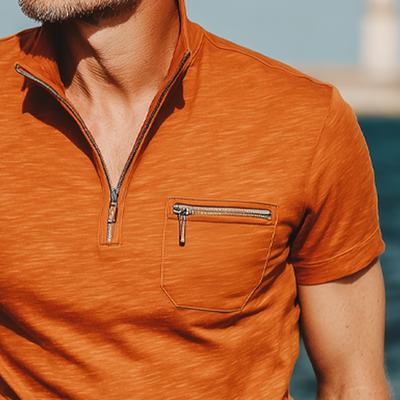 Ben | Men'S Business Cotton Stand Collar Quarter Zip Short Sleeve T-Shirt