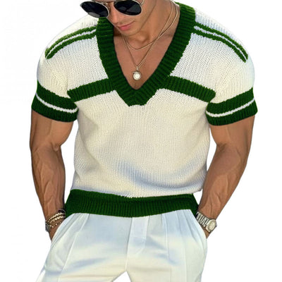 Men's Casal V-neck Striped Jacqard SliFitnitted Short-sleeved Sweater T-Shirt