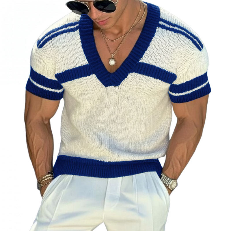 Men's Casal V-neck Striped Jacqard SliFitnitted Short-sleeved Sweater T-Shirt