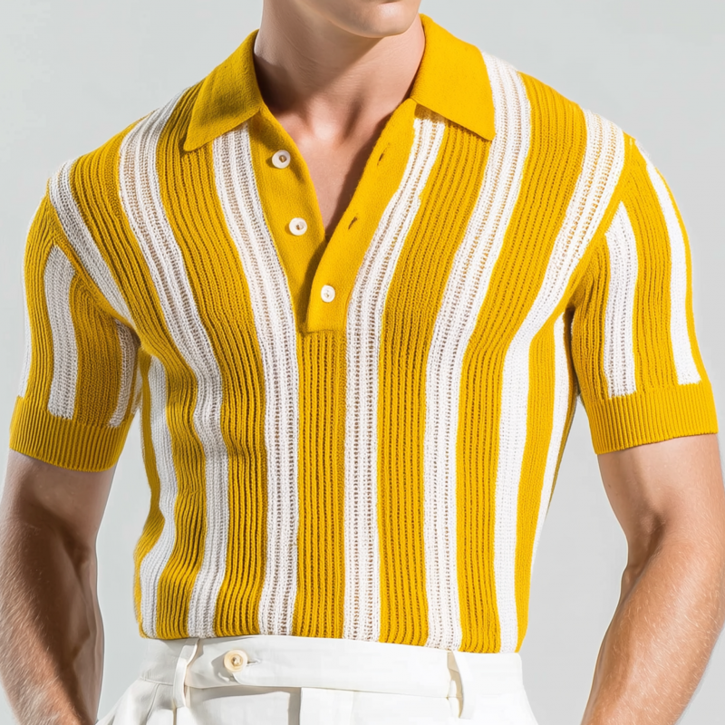 Julio | Men'S Casual Breathable Contrast Color Vertical Stripes Lapel Slim Fit Knitted Short-Sleeved Polo Shirt