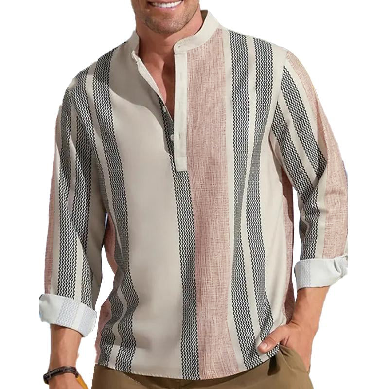 Men's V-neck Striped Print Loose Lapel Cotn Linen Shirt