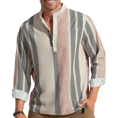 Men's V-neck Striped Print Loose Lapel Cotn Linen Shirt