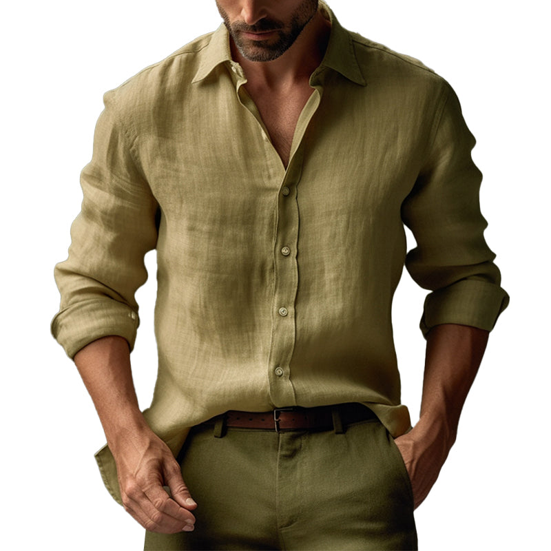 Men's Casal Solid Color Linen Lapel SliFit Long Sleeve Shirt