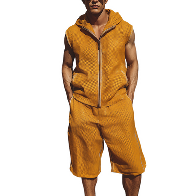 Mason | Men'S Spring Summer Fashion Casual Mesh Cloth Hooded Zipper Sleeveless Shirt Elastic Waist Length To Knee Shorts Set