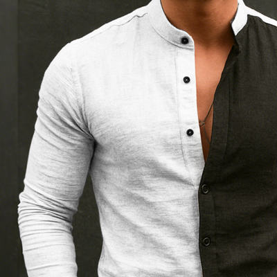 Alfred | Men'S Retro Casual Cotton And Linen Colorblock Stand Collar Long Sleeve Shirt