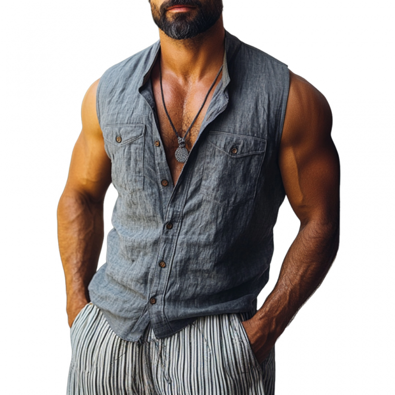Gerald | Men'S Casual Solid Color Breathable Linen Lapel Chest Pocket Sleeveless Shirt