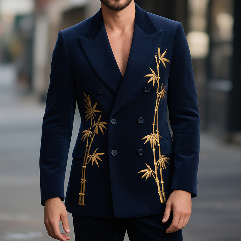 Abram | Men'S Vintage Casual Velvet Bamboo Embroidery Double Breasted Blazer