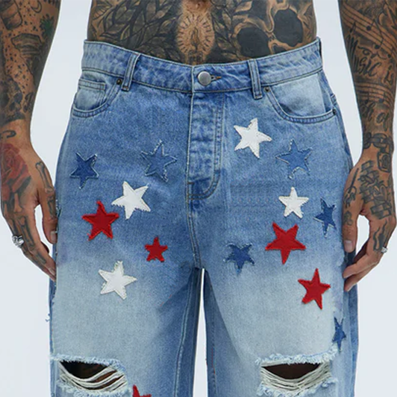 Caleb | Men'S Spring And Summer Fashion Casual Washed Denim Patch Five-Pointed Star Decorated Ripped Shorts