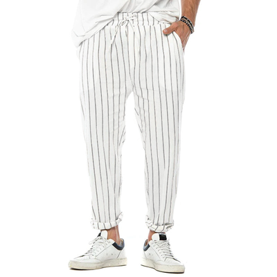 Men's Vertical Striped Cotn And Linen Straight Loose Trendy Casal Trosers