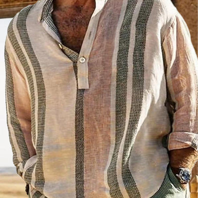 Men's V-neck Striped Print Loose Lapel Cotn Linen Shirt