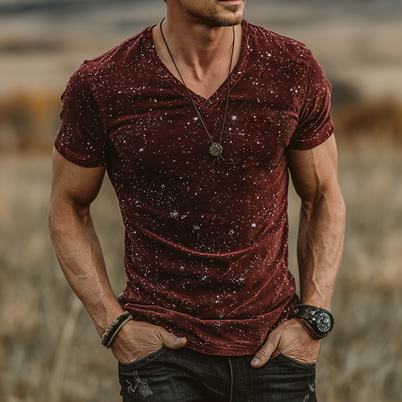 Hugh | Men'S Retro Casual Star Print Velvet V-Neck Short Sleeve T-Shirt